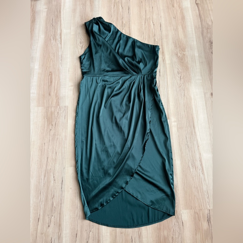 Lyaner One Shoulder Satin Wrap Dress Green Cocktail Party XL Flattering Fit